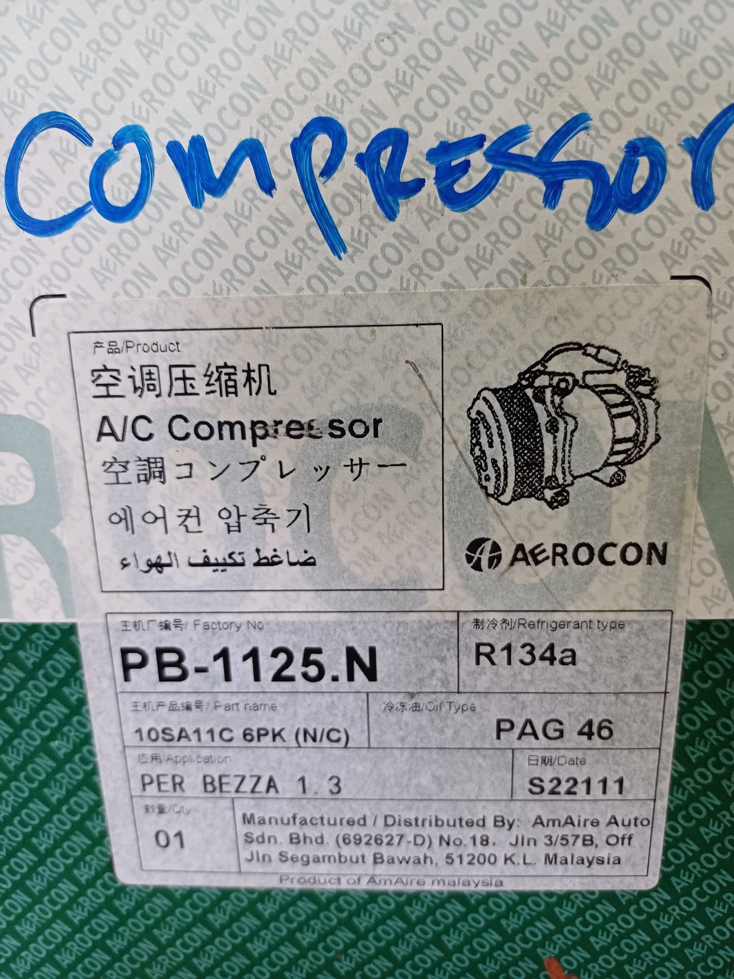 P.BEZZA 1.3/LAGI BEST/MYVI 1.3 2018 10SA11C 6PK COMPRESSOR - KENZA EK2081/ PB-1125.N (NEW)(CP-PB01L)