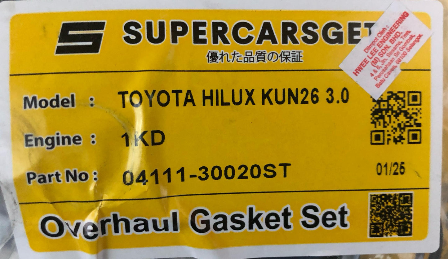 TOYOTA HILUX KUN26 1KD 3.0 16V FULL SET OVERHAUL GASKET (STEEL) (96MM) (04111-30020ST)