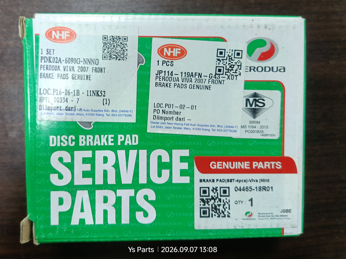 PERODUA VIVA 2007 FRONT BRAKE PAD GENUINE (PDK02A-6090G-NNNG)